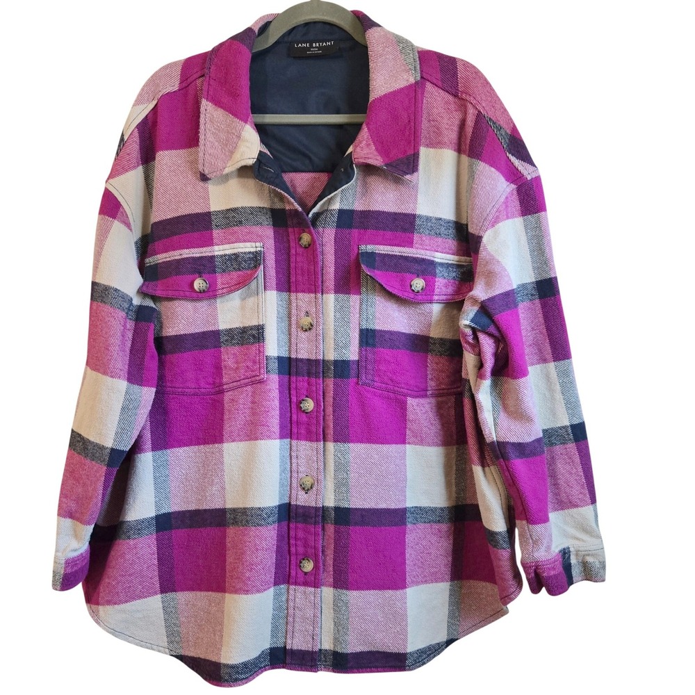 Lane Bryant Womens 22/24 Fuchsia Navy Plaid Flannel Shacket Shirt Jacket Cotton